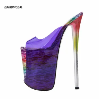 

New pattern Superior quality sandals shoes woman 22cm Seven colors Super high thin heels Waterproof 10-12CM Slipper Ladies 34-47