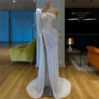 

Evening Dresses 2020 mermaid For Women Dubai Turkey One Shoulder Sequined Long Sleeve Formal party Night Prom Gowns Plus Size