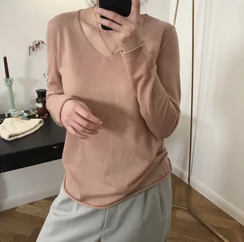 

Spring 2019 New Korean Lazy V-collar Loose Knitted Long Sleeve sweater with Thin Sleeve and Multicolored Sleeve