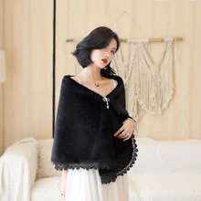 SHAMAI Черная Женская зимняя Длинная свадебная шаль теплый плащ для свадьбы искусственный мех Свадебная накидка Болеро Свадебная шаль вечерняя накидка для вечеринки
