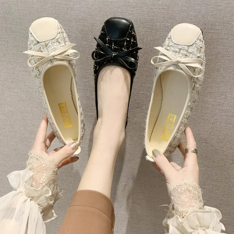 

2020 Spring Flat Keel Thin Shoes Bow Slip-on Loafers Grid Red Lazy Soft-Sole WOMEN'S Shoes Factory Goods
