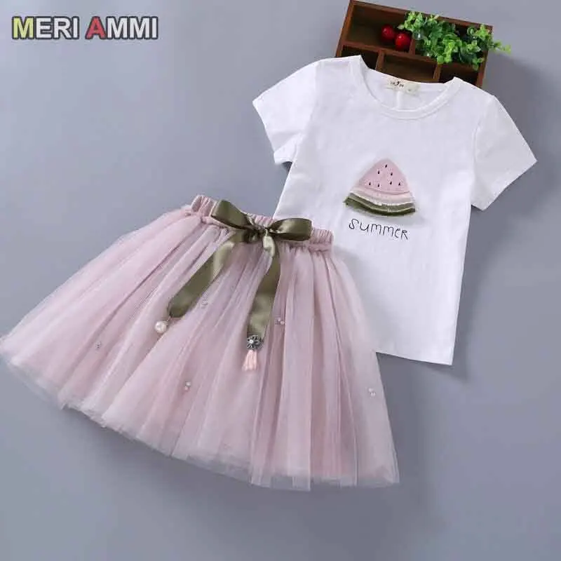 

2-13 Year 2pcs Clothing Set Children Girl Summer Cartoon Watermelon Dressing Floral Tee+Mesh Bowknot Skirt
