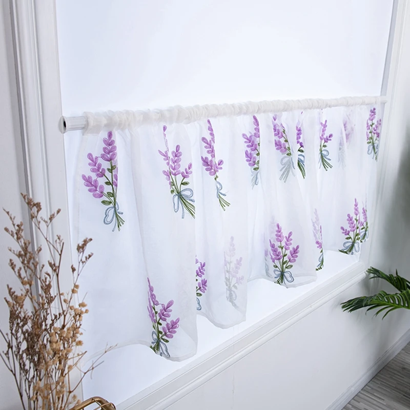 

Embroidered Bouquet Semi Tier CurtainRod Pocket Home Decor, Short Curtain For Kitchen Bathroom Living Room n