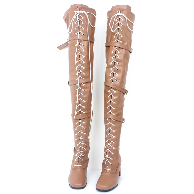 jialuowei Women Boots Retro Block High Heel Ladies Over-The-Knee Square Toe Lace-up Zip Buckle strap Woman Dance Party Shoes