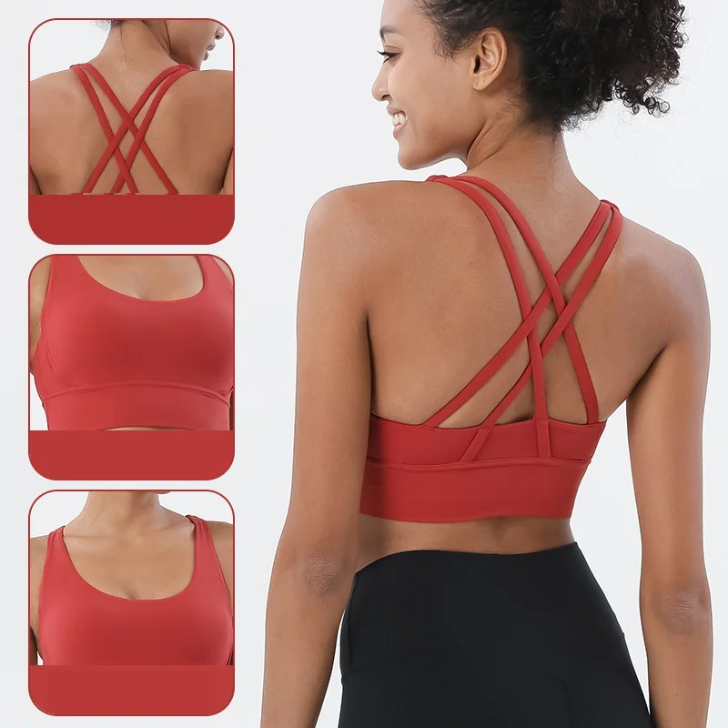 Lulu Classic Solid Color Cross Back Women Sport Bra Fitness Tank Top Shockproof Run Tight Yoga Vest No Steel Ring With Chest Pad