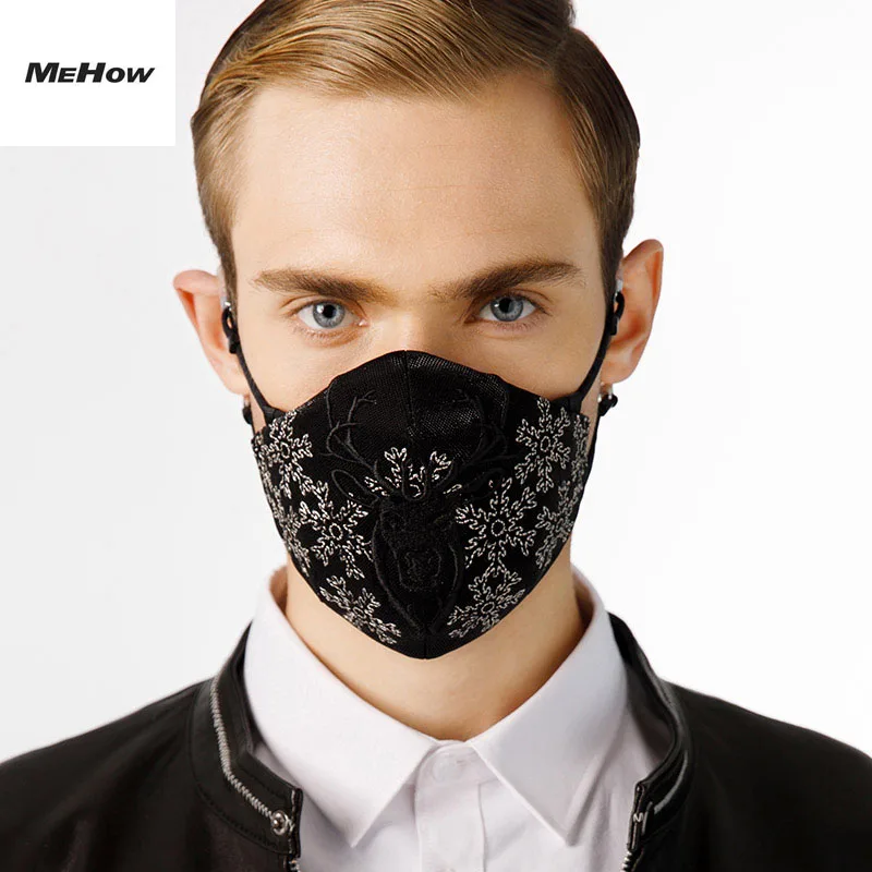 

(in stock) MeHow Mask KZ005 + Free 5PCS N95 mask filters Fahion Embroidery ELK Masks Dust-proof Mouth Face black Masks High End