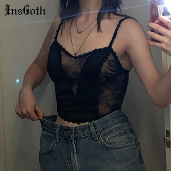 

InsGoth Sexy Mesh Black Camis Women Gothic Punk Lace Patchwork Strap V-neck Hollow Out Bodycon Crop Tops Female Summer Clubwear