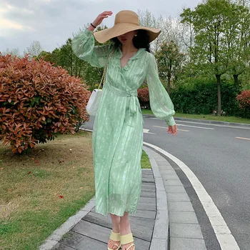 

Green Ruffles V-neck Dress Women 2020 New Floral Print lantern Sleeve Chiffon ladies waist lace-up Midi Dresses Holiday Robe