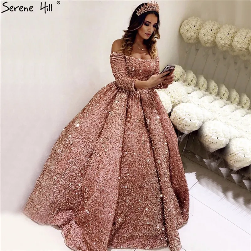 Rose Gold Luxury Long Sleeves Wedding Dress 2022 Sequins Sparkle High