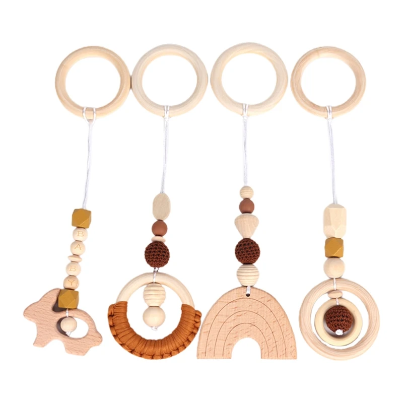 

4 Pcs/Set Baby Play Gym Frame Stroller Hanging Pendants Wooden Ring Teether Molar Teething Nursing Rattle Toys Gifts Infant Room