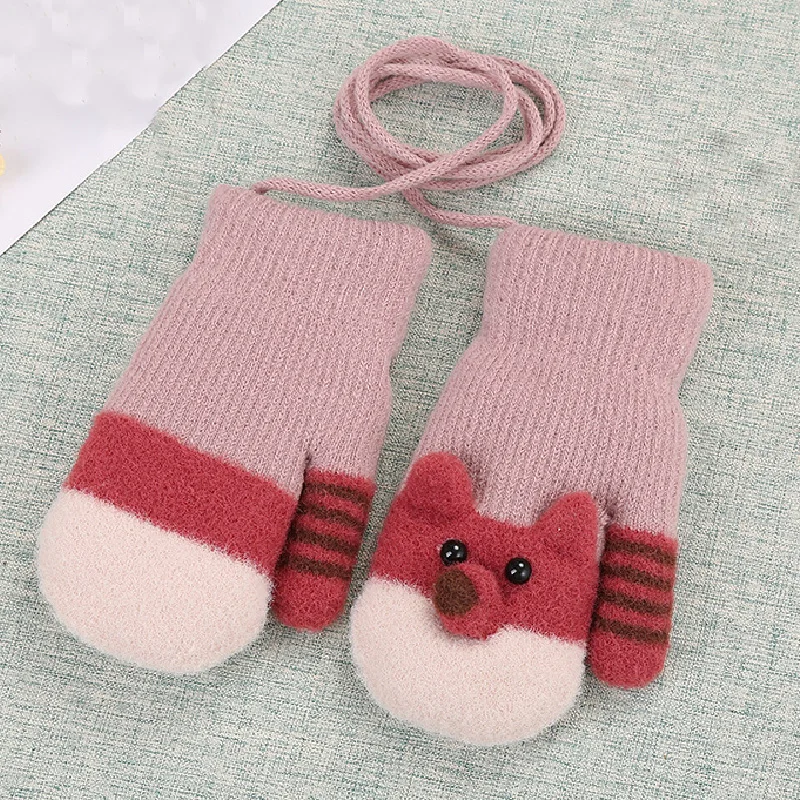 dark pink Зимние вязаные шерстяные детские перчатки для новорожденных, Детские митенки для пальцев, модные, милые, с медведем, с веревкой, плотные, теплые, детские перчатки - Цвет: dark pink