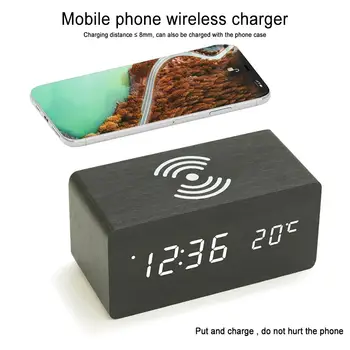 

Multi-Function Alarm Clock Wireless Charger Wooden Clock Wood Led Digital Clock For Apple Samsung Huawei Smart Phone
