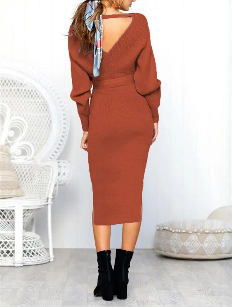 Женское платье, вязаное длинное платье, Осень-зима, женское сексуальное платье-свитер с v-образным вырезом, вечернее платье с длинным рукавом, 3xl, платье большого размера