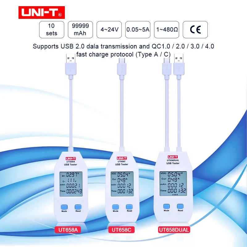 UNI-T UT658A/UT658C/UT658DUAL серия USB измеритель мощности и тестер цифровой измеритель напряжения/тока/емкости/энергии/сопротивления