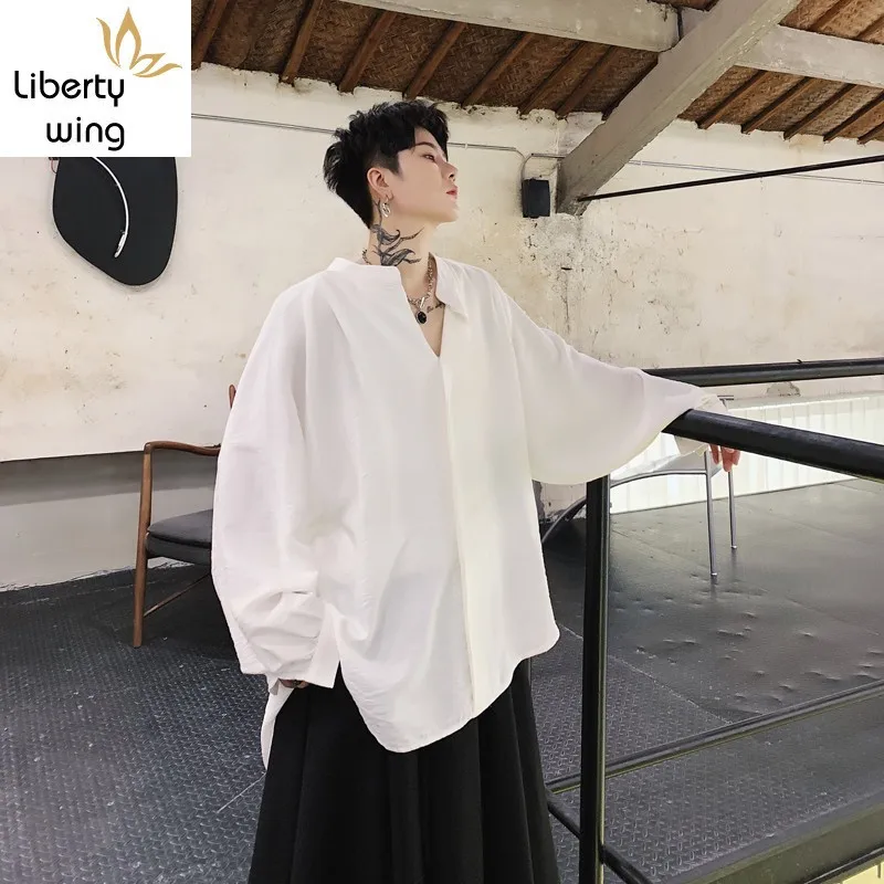 

Harajuku Loose Fit Mens Shirts Stand Collar Designer Tops Male Casual Classic Black White Baggy Spring Long Sleeve Shirt Top