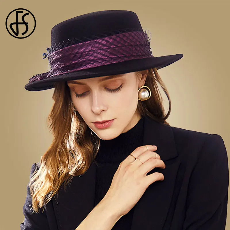Black Purple Fedora FS Черная Женская шляпа фетровая шляпа с широкими полями Шерстяная кепка Дамская винтажная Вуалетка Стразы топ шляпа дешево Femme - Цвет: Black Purple Fedora