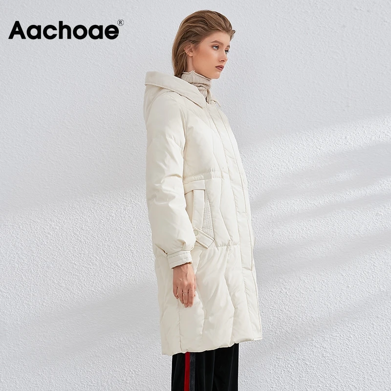 Aachoae Solid Women Long Down Jacket Casual Hooded