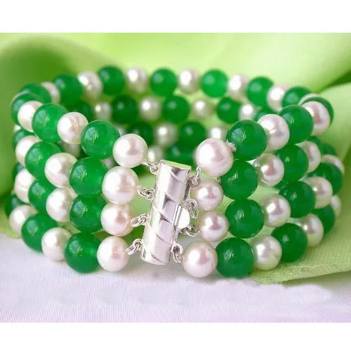 

Hot Sale New Arrival Unique Pearls Jewellery Classical 4 Strands 8'' White Freshwater Pearl Green Jade Bracelet Fine Women Gift