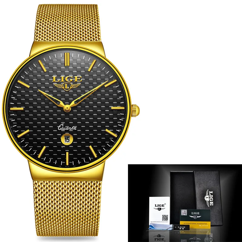 LG, модные мужские часы, Топ бренд, роскошные, золотые, цвет, кварцевые часы, мужские, стальной сетчатый ремешок, водонепроницаемые, золотые часы, Relogio Masculino - Цвет: Steel gold black