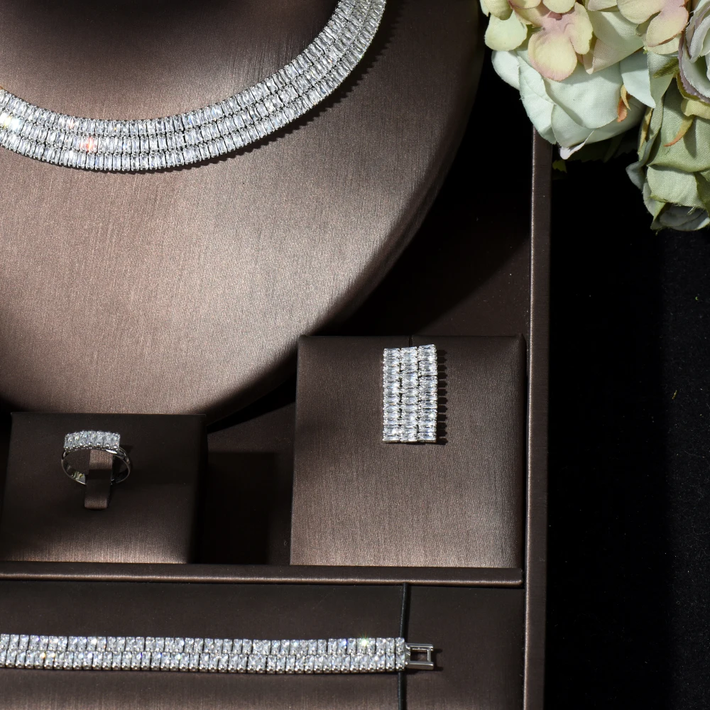 HIBRIDE New Design Simple Baguette Pendant Small Jewelry Set Luxury Cubic Earring Necklace Set Wholesale Women Bridal Party N200 - Image 3