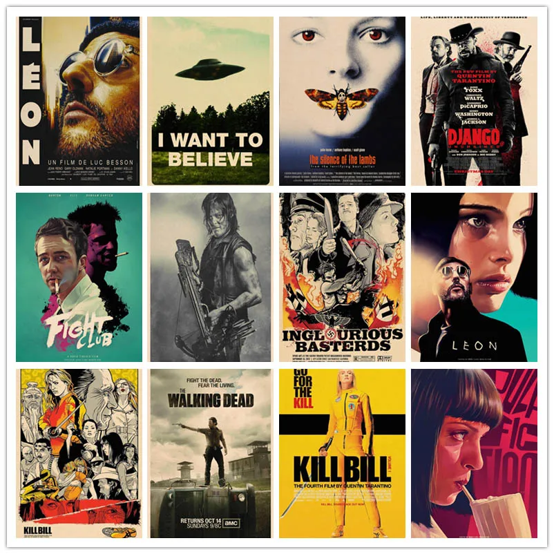 

Perfect JL Classic Movie Fight ClubPulp FictionShiningKill Bill Home Movie Poster Kraft Drawing core Wall stickers DSXS01