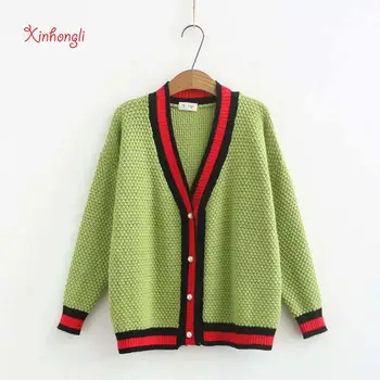 

Plus size V-neck Single Breasted women loose Sweater 2020 NEW autumn winter Striped cardigan female coat red blue green Beige