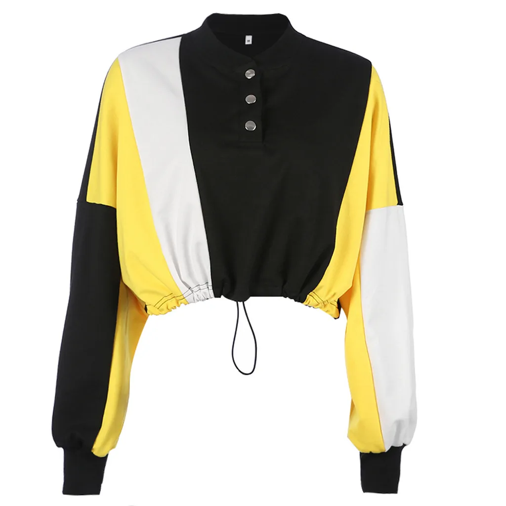 

Casual V-Neck Women Hoodies Patchwork Long Sleeve Buttons Pullovers Sweatshits Ladies Hoody Moletom Bluza Sudadera Polerones