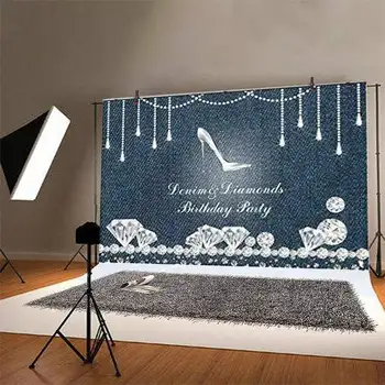 

Photo Backdrops Women Silver and Blue Fashion Happy Birthday Wedding Show Party Diamond Photo Backgrounds Photocall Photo Studio