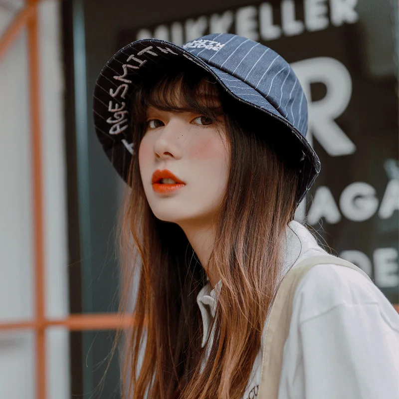 

2019 Korean Version College Wind Striped Letter Bucket Hat Woman Summer Leisure Joker Sunshade Dome Basin Bonnet Pure Color Hat