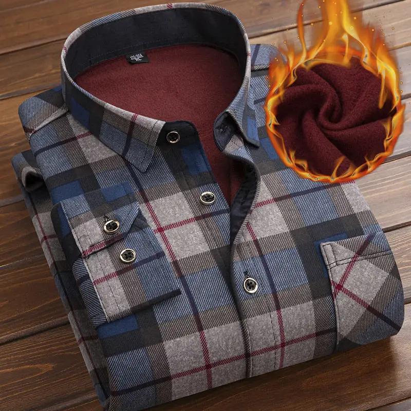 Autumn Winter Thicken Fleece Shirt Men Business Plaid Shirt Long Sleeve Warm Clothes Turn Down Collar Button Up Shirts Classic
