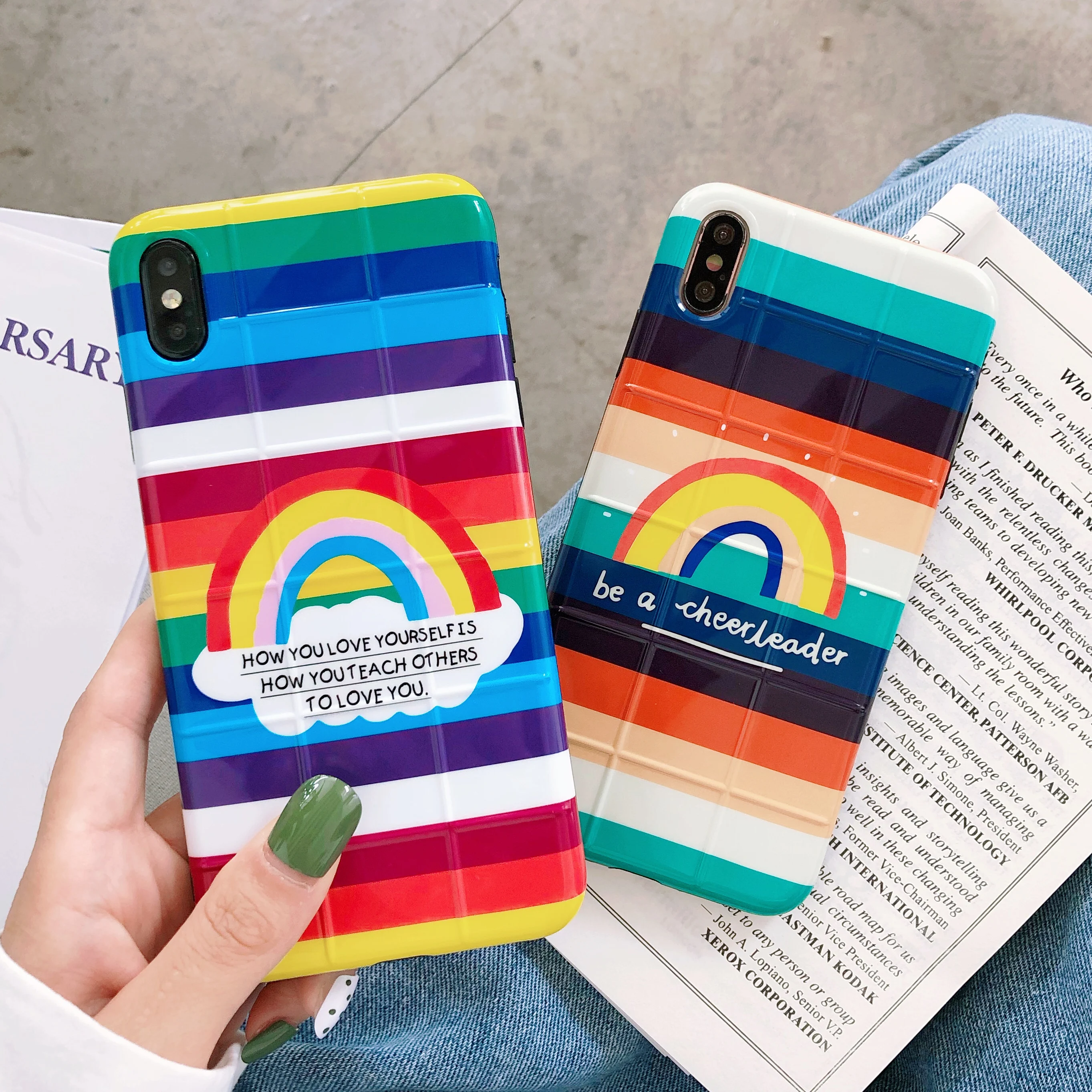 

Gorgeous Rainbow Square stripe Case For iPhone X XS 11 Pro MAX XR Luxury Soft IMD Phone Back Cover For iphone 6 s 7 8 Plus Cases