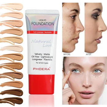 

PHOERA Whitening Liquid Foundation Face Natural Full Cover Face Concealer Stick Base Moisturizer Hide lemish Bronzer TSLM2