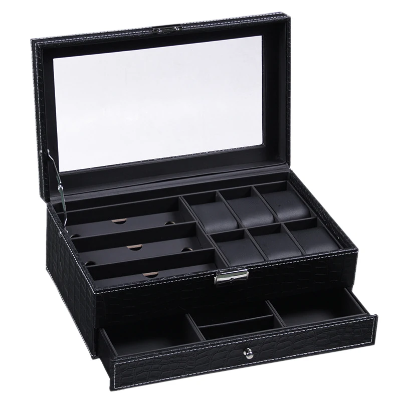

PU Leather Watch Box Glasses Case Double Crocodile Pattern Glasses Watch Storage Box Jewelry Box