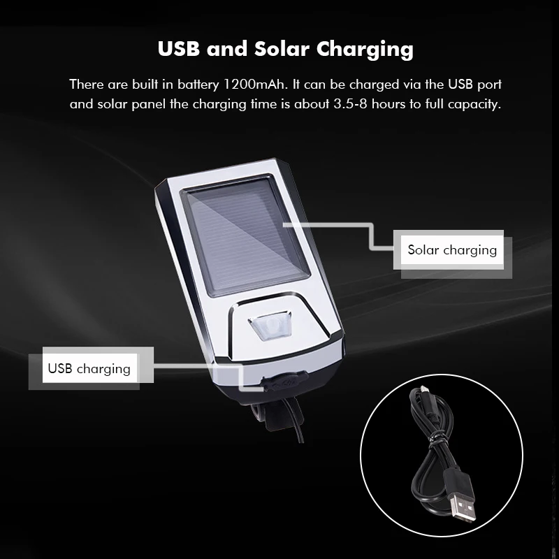 3 в 1 Солнечный ed USB Перезаряжаемый велосипедный передний светильник 140dB Рог светодиодный головной светильник 4 режима велосипедный фонарь Аксессуары для велосипеда
