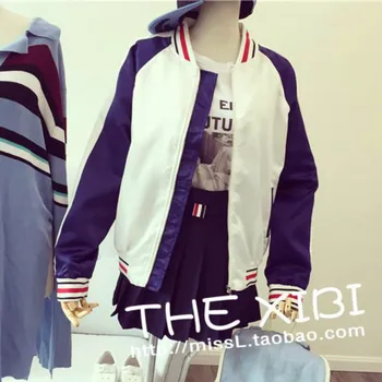 

Harajuku Wild Loose Streamer Striped Thin Baseball Coat Sunscreen Zipper Bomber Jacket Stitching Outwear Zipper Cardigan Tops