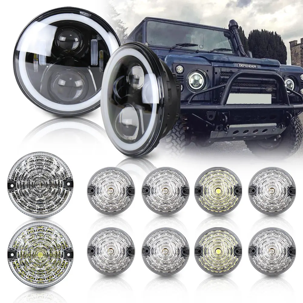 For Land Rover Defender 90/110 Led 7 inch Headlight With Halo Ring+10p