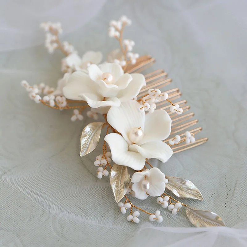 Floralbride Alloy Leaf Crystal Rhinestone Ceram Flower Freshwater Pearls Bridal Hair Comb Wedding Hair Accessories Women Jewelry