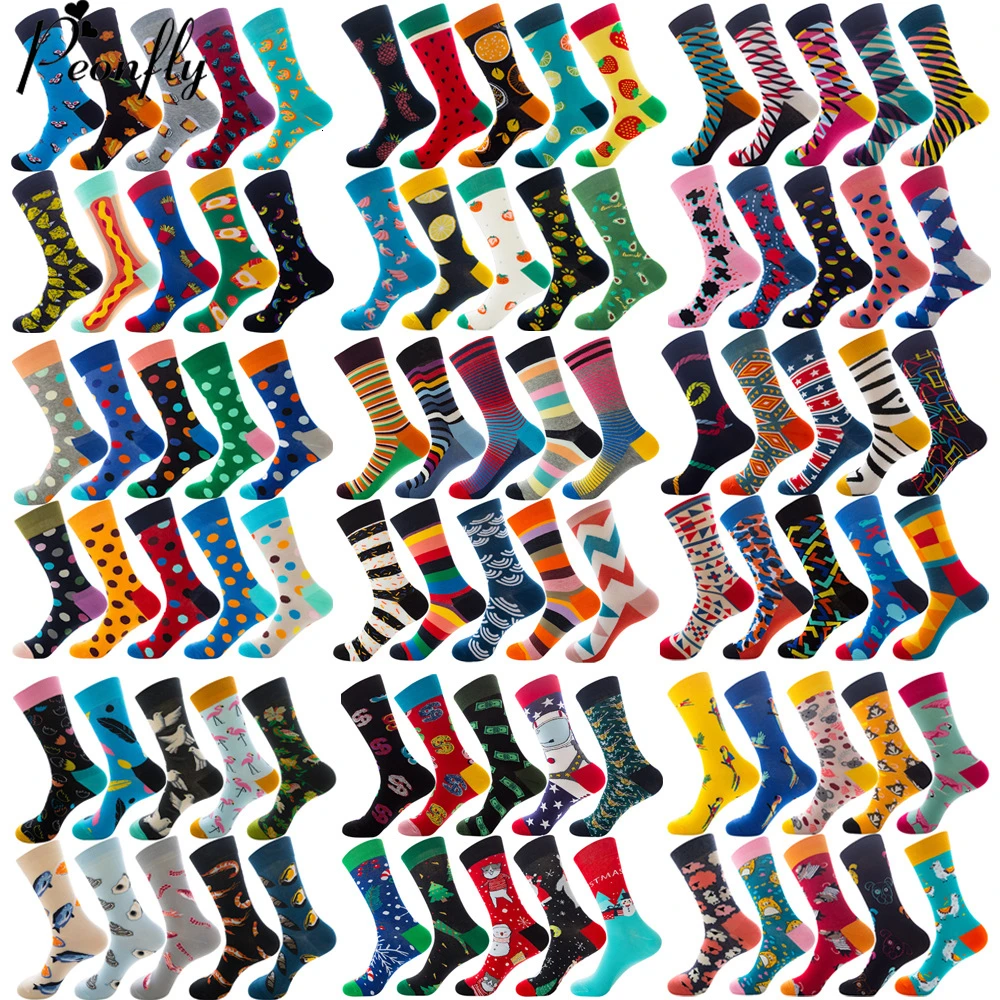 PEONFLY/10 пар/лот, мужские носки из чесаного хлопка с рисунками животных, птиц, акул, зебры, полосатые клетчатые геометрические носки, новинка, забавные счастливые носки