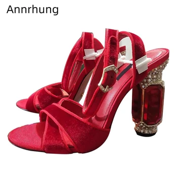 

Red Rhinestone Heel Sandals Women Cross Belt Velvet Shoes Woman Peep Toe Ankle Strap Stage Shoes Crystal Sandalias Mujer