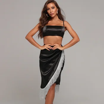 

2020 New Summer Women's Black 2 Piece Two Piece Set Sexy Spaghetti Strap Diamond Tassel Set Celebrity Club Party Set