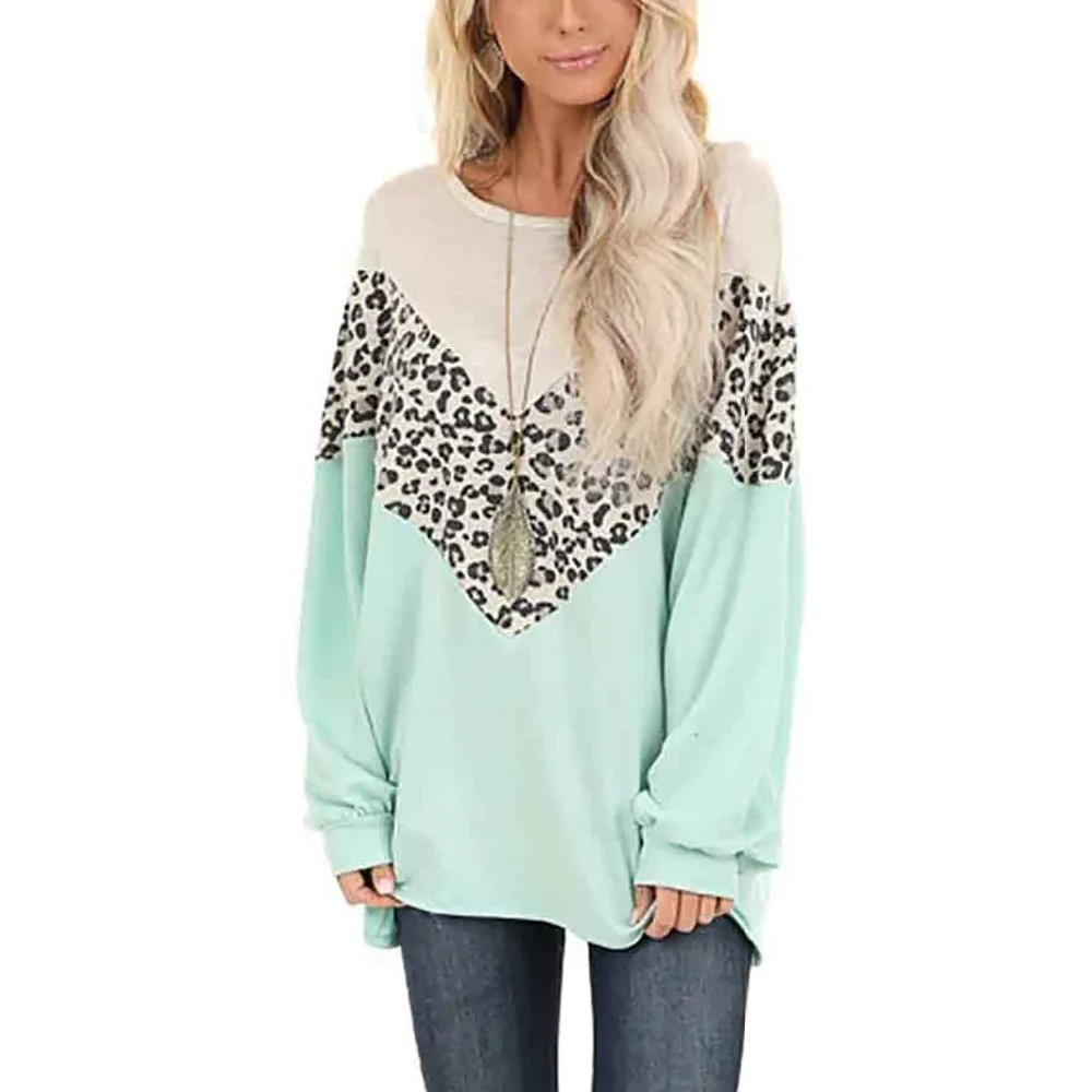 T-Shirt Top Female Spring Summer New Women's Long Sleeve Splicing Print Leopard O-neck Casual Loose Women Basic T-shirt