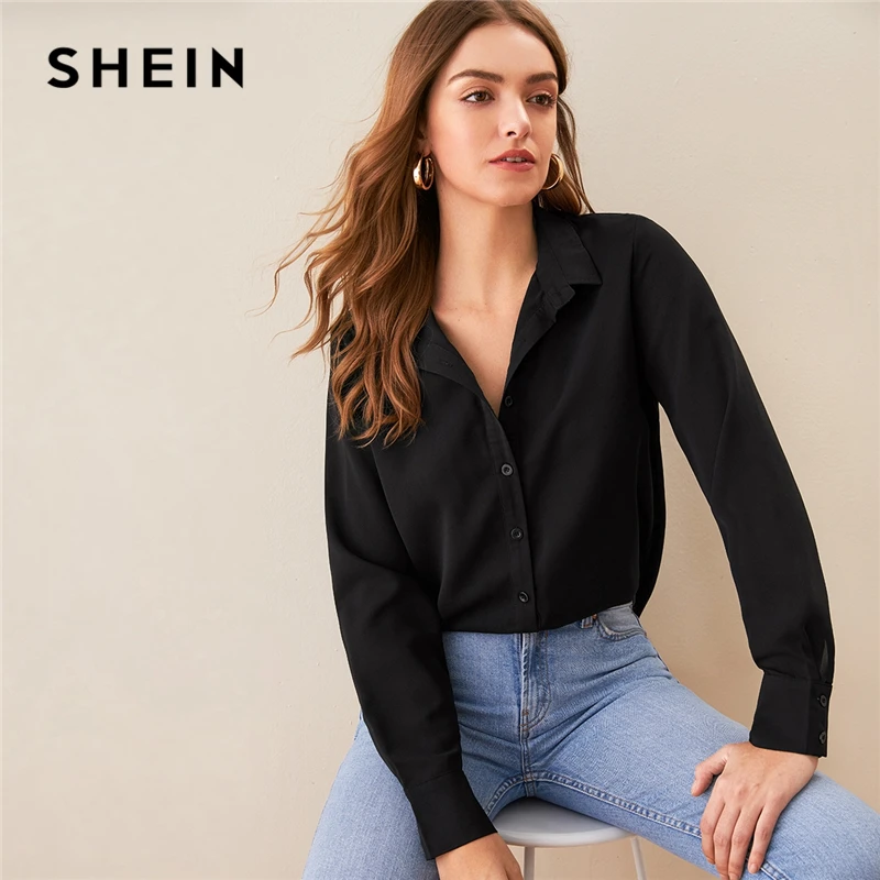 SHEIN черная однотонная Повседневная Блузка с отложным воротником, рубашка, женские топы, Осенние Асимметричные женские блузки с длинным рукавом