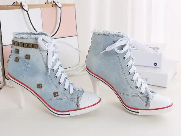 2020 New Women's shoes Denim High heels Rivets Female canvas Pumps lady's Boots Ankle Lace-Up Thick heel and Thin Heels Shoes