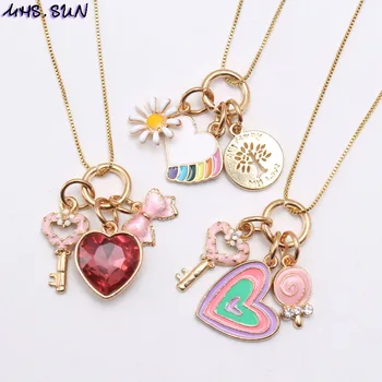 MHS.SUN Fashion Design Kids Girls Heart Flower Key Pendants Necklace Baby Child Charming Chain Necklace Jewelry Accessories New