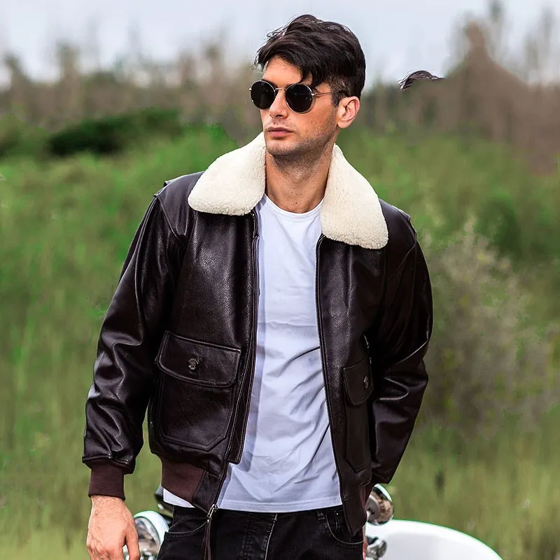 

2020 Brown Men Military A2 Pilot Jacket Europe Size XXL Wool Collar Genuine Cowhide Autumn USAF Aviator Leather Coat
