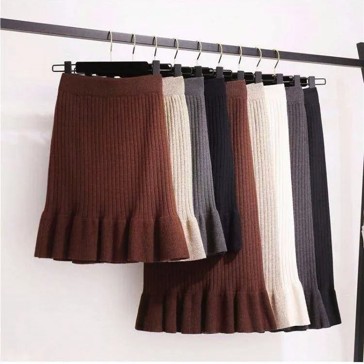 

Thick Knitted Skirt Short Autumn And Winter Mid-length Slim Fit Slimming New Style Flounced Step Fishtail Skirt