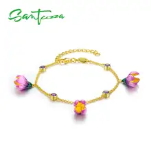 SANTUZZA Серебряный браслет для женщин 925 пробы серебряный элегантный розовый цветок Регулируемый Золотой Цвет Ювелирные Украшения ручной работы эмаль