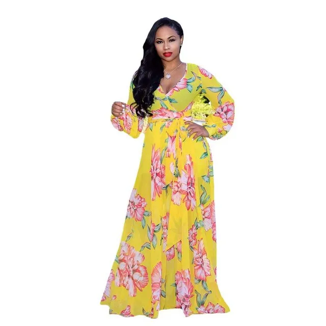 2021 Chiffon Long Sleeve Cross V-Neck Maxi Dress Bohemia Dress Full Plus Size Celebrity/Graduation/Dinner Dress Beach Sundress D2217 Yellow