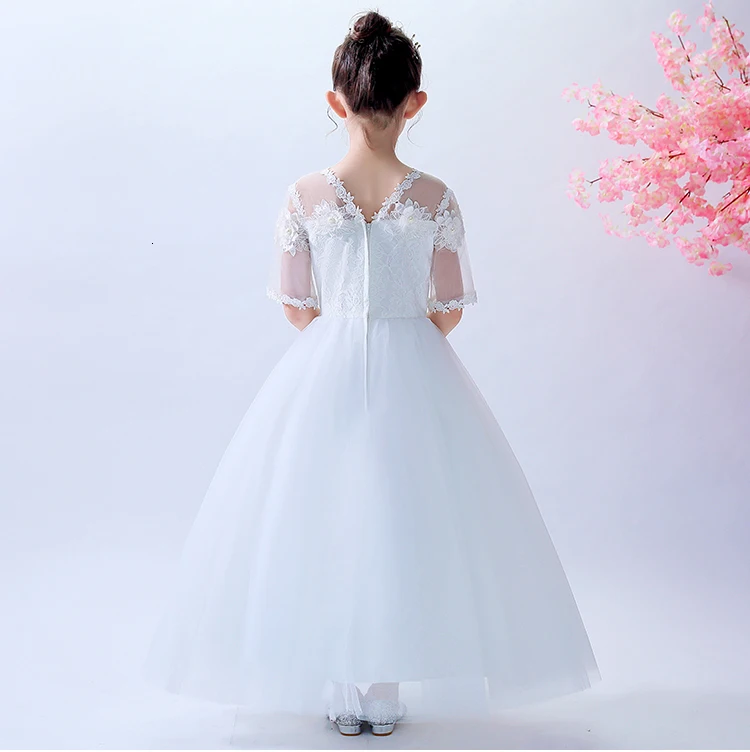 Белые платья принцессы с цветочным узором для девочек на свадьбу, бальное платье с v-образным вырезом, Длинные фатиновые платья для первого
