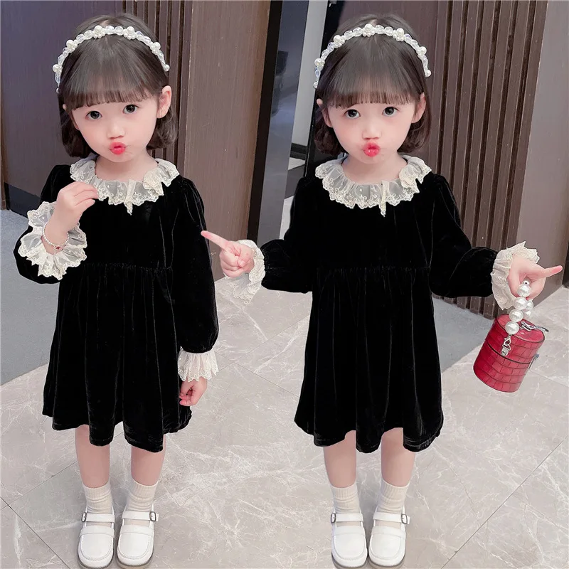 

Black Lace Spring Summer Girls Dress Kids Teenagers Children Clothes Outwear Special Occasion Long Sleeve High Quality